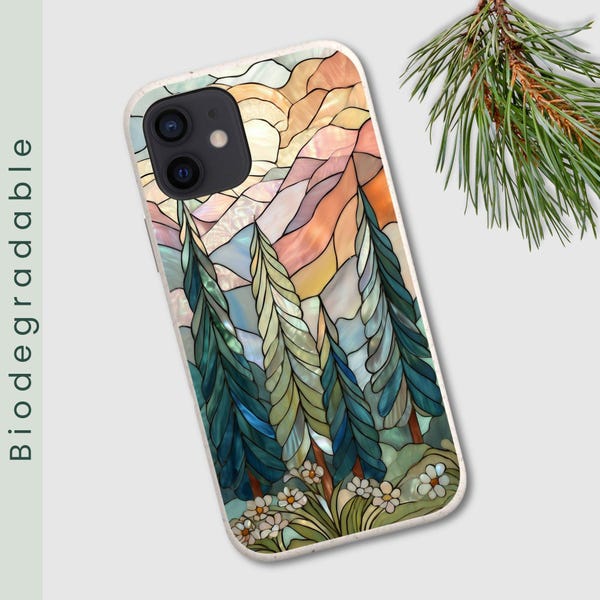 Biodegradable Mountain Phone Case, Stained Glass Look Forest Case, EcoFriendly Aesthetic Phone Case, Sunset Cell, iPhone or Samsung (539)
