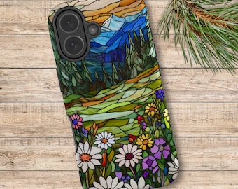 Forest Meadow Tough Phone Case, Faux Stained Glass Daisy Mobile Case, Wooded Mountain Nature Phone Case, MagSafe iPhone Samsung Google (339)