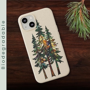 Pine Trees Biodegradable Phone Case in Stained Glass Look, Tree Mobile Case, Forest Cell Case, Nature Phone Case, Mountain Phone Cover (332)