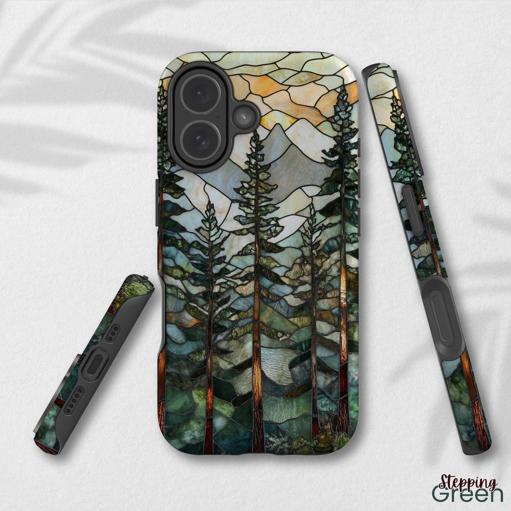 Mountain Phone Case, Pine Tree Stained Glass Look Forest Case, Magsafe ...