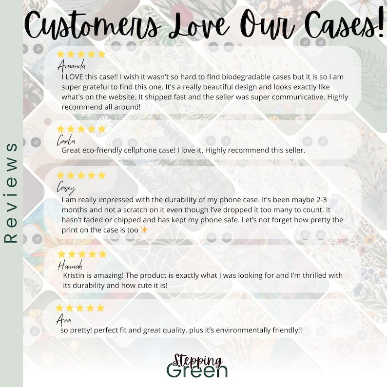 May include: Customer reviews for phone cases with a focus on eco-friendly and durable materials. The reviews highlight the design, quality, and shipping speed of the cases. The text includes the company name "Stepping Green".