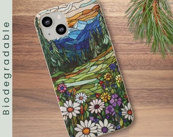 Forest Meadow Biodegradable Phone Case, Faux Stained Glass Daisy Mobile Case, Wooded Mountain Nature Phone Case, Eco Friendly Gift (339)