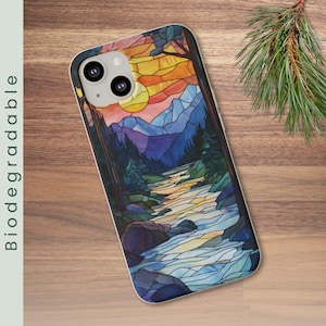 Mountain Sunset Biodegradable Phone Case, Faux Stained Glass Forest & River Mobile Cover, Nature Phone Case, Eco Friendly Hiker Gift (338)