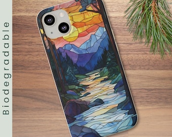 Mountain Sunset Biodegradable Phone Case, Faux Stained Glass Forest & River Mobile Cover, Nature Phone Case, Eco Friendly Hiker Gift (338)