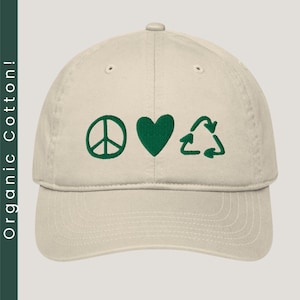 Organic Cotton Embroidered Earth Day Hat, Sustainable Dad Hat, Eco-Friendly Peace Hat, Mother Earth Baseball Cap, Climate Change Gear (104)