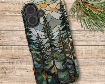 Mountain Phone Case, Pine Tree Stained Glass Look Forest Case, MagSafe Tough Phone Case, iPhone Samsung or Google (326)