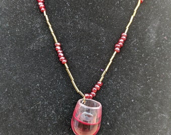 Gold and Rd Beaded Necklace with Wine Chalice