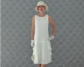 A darling 1920s-inspired dress in cream with tiered skirt, Roaring 20s fashion, Great Gatsby dress, 1920s flapper dress, Downton Abbey dress