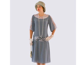 Grey Great Gatsby dress with elbow-length sleeves, 1920s dress, flapper costume, Charleston dress, Roaring 20s fashion, Downton Abbey dress