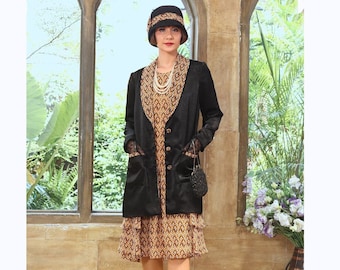 1920s dress and jacket, 2-piece outfit, brown Gatsby day dress with tiered skirt, black satin jacket, black 1920s jacket, brown tea dress