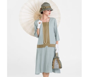 Great Gatsby linen dress in grey and olive with square neckline 3/4 sleeves, 1920s high tea dress, Downton Abbey dress, 1920s flapper dress