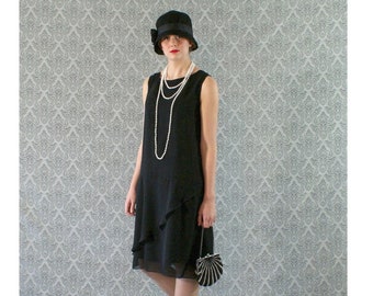 Black 20s chiffon flapper dress with ruffled skirt detail, 1920s Great Gatsby dress, black Roaring Twenties party dress, Charleston dress