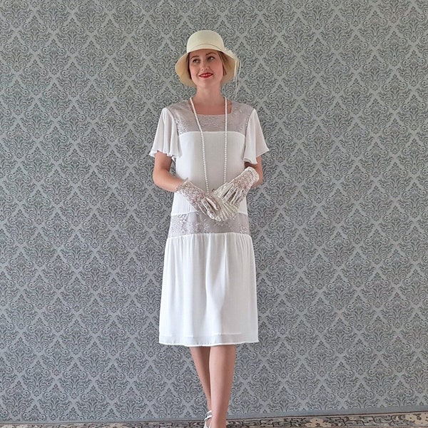 Robe écrue Downton Abbey à manches volantes, robe blanche Gatsby, robe de thé 1920, robe de jour des années folles, robe de mariage 1920