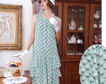 Green 1920s day dress with tiered skirt, Great Gatsby summer dress with deco print, Downton Abbey high tea dress, jazz age lawn party dress