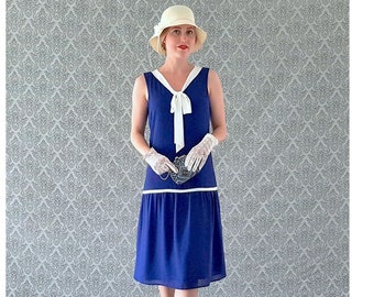 Little nautical flapper dress in dark blue and off white, Great Gatsby dress, 1920s flapper dress, art deco dress, Charleston dress