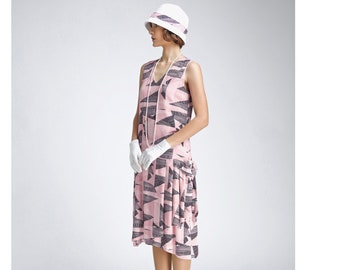 1920s-inspired rayon flapper dress in pink and black with drape and bow, Great Gatsby dress, Downton Abbey dress, 1920s high tea dress