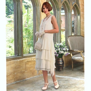 Cream Roaring 20s party dress layered skirt, 1920s costume, Great Gatsby day or evening dress, Gatsby high tea dress, Downton Abbey dress