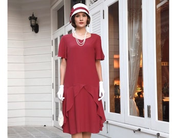 1920er Kleid in kastanienbraun mit herzförmigem Ausschnitt, Flapper-Kleid, Lady Mary Kleid, Gatsby Kleid, Downton Abbey Kleid 20er Tee-Kleid