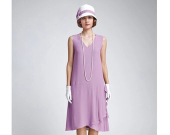 Lavender 1920s-inspired crepe georgette dress with drape and bow, 20s fashion, Great Gatsby dress, Downton Abbey dress, purple 1920s dress