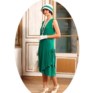 1920s-inspired flapper dress in green with drape and bow, 1920s fashion, Great Gatsby dress, Downton Abbey dress, high tea dress, 20s dress