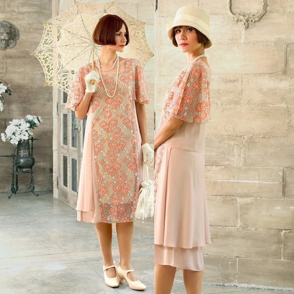 Nude and floral lace summer tea dress, with butterfly sleeves, 1920s garden party dress, Great Gatsby daywear, Downton Abbey summer dress