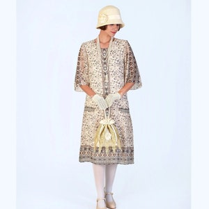 1920er High Tea Kleid aus bedrucktem cremefarbenem Chiffon mit Ellbogenärmeln, Great Gatsby Kleid, 1920er Tageskleid, Downton Abbey Kleid