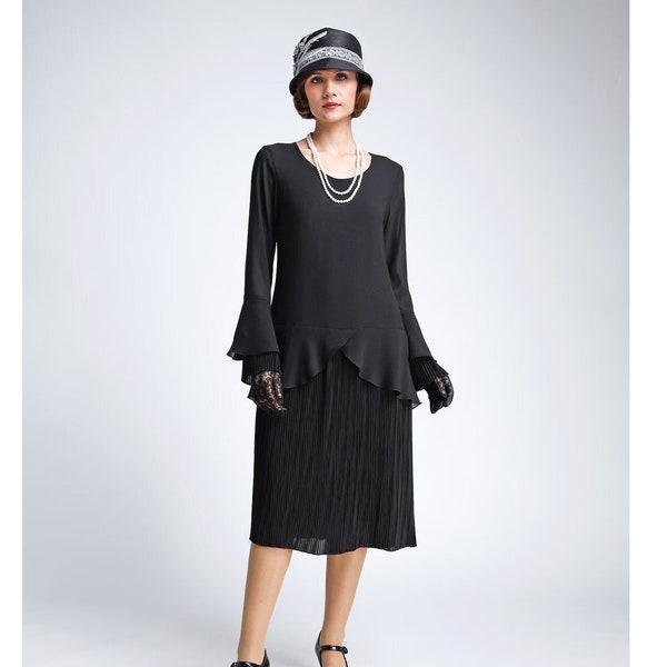 Elegant 1920s dress in black with plisse pleats and two layered cuff, black Great Gatsby dress, 1920s flapper dress, Downton Abbey dress