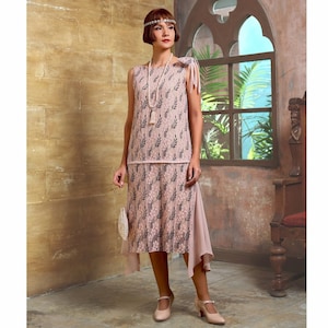 1920er Jahre Kleid aus rosa und schwarzer Spitze, Great Gatsby Partykleid, Flapper Partykleid, Downton Abbey Kleid, 1920er Abendkleid