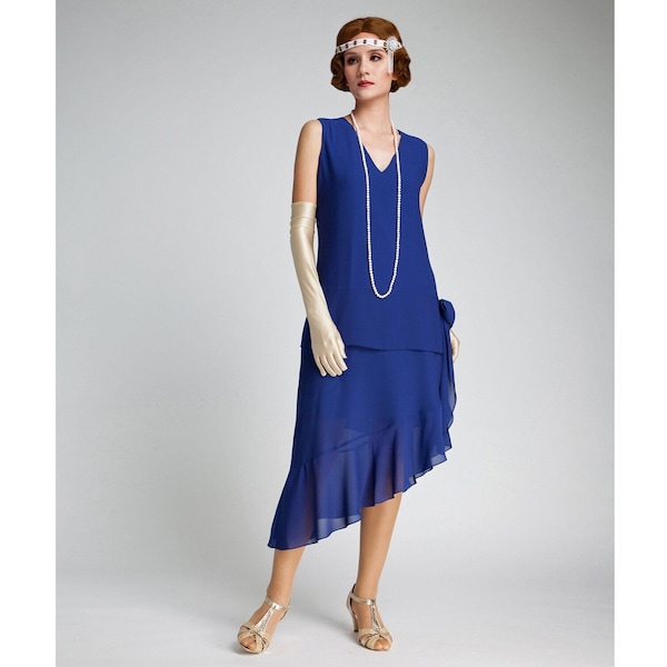 Robe des années folles avec jupe asymétrique en bleu foncé, robe bleue des années 1920, robe bleue de soirée flapper, robe bleue Charleston