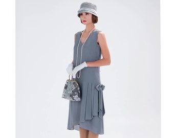 1920s dress in grey with drape and bow, 1920s fashion, Great Gatsby dress, Downton Abbey dress, high tea dress, 1920s dress, laviedelight