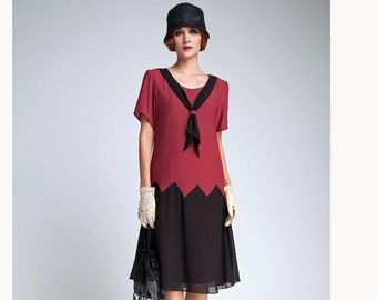 1920s inspired dress in maroon red and black with a zig zag detail, 1920s flapper dress, red 1920s daywear, 1920s fashion, Gatsby day dress