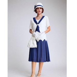 1920s inspired dress in off-white and dark blue chiffon with zig zag details, Great Gatsby day dress, blue and white 1920s sailor dress
