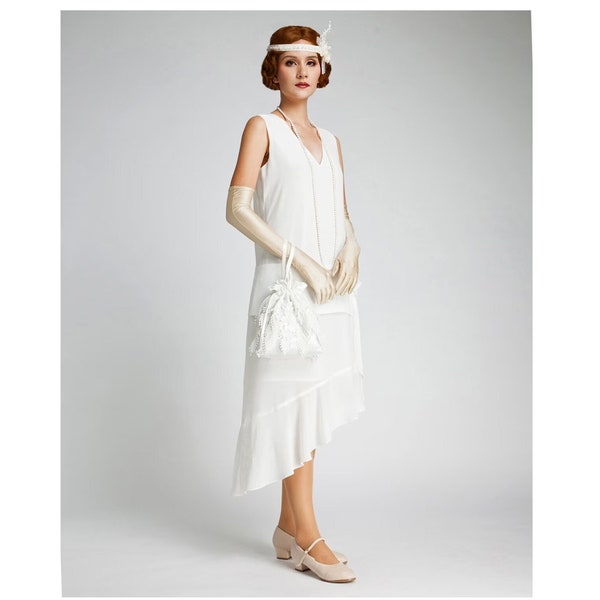 Robe Gatsby blanc cassé avec jupe asymétrique, robe des années 1920, robe blanche des années folles, tenue de soirée 20 robe de mariage 1920