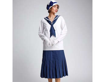 2-piece sailor outfit in white and navy, 1920s sailor ensemble, Great Gatsby dress, Miss Fisher dress, 20s nautical dress, navy cotton dress