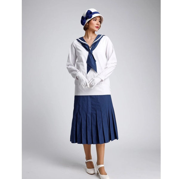 2-piece sailor outfit in white and navy, 1920s sailor ensemble, Great Gatsby dress, Miss Fisher dress, 20s nautical dress, navy cotton dress