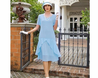 Light blue 1920s Great Gatsby day dress with sweetheart neckline, 1920s flapper dress, Downton Abbey dress, Lady Mary dress, 1920s tea dress