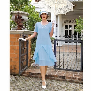 Hellblaues 1920er Great Gatsby Tageskleid mit herzförmigem Ausschnitt, 1920er Flapper Kleid, Hellblaues Downton Abbey Kleid, Lady Mary Kleid