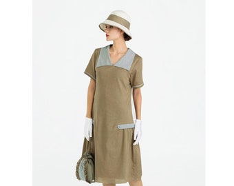 Downton Abbey dress in olive and grey linen, 1920s day dress, green Lady Mary dress, Great Gatsby dress, robe Charleston, 1920er kleider