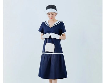 Robe de marin des années 1920 en coton bleu marine et blanc, robe de jour bleue 1920, robe de flapper nautique, robe marine Gatsby bleue
