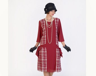 1920s reproduction dress in red and white plaid, Great Gatsby party dress, red flapper dress, 1920s day dress, Downton Abbey dress