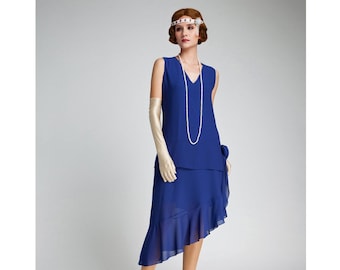 Gatsby dress with asymmetrical skirt in dark blue, blue 1920s dress, flapper evening dress, Great Gatsby party dress, Robe années 20
