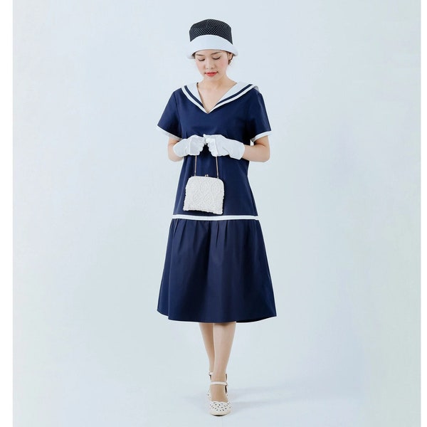 1920s sailor dress in navy and white, blue 20s day dress, nautical flapper dress, 1920s women clothing, blue Gatsby dress, blue marine dress