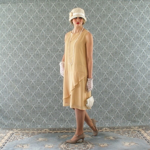 Pale marigold chiffon flapper dress with a ruffled skirt detail, Great Gatsby dress, gold Downton Abbey dress, 1920s yellow high tea dress