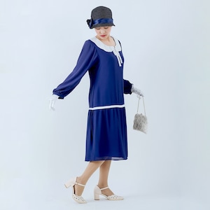Long sleeved Great Gatsby day dress in dark blue with peter pan collar, blue 1920s dress, blue flapper dress, Downton Abbey dress, 20s dress