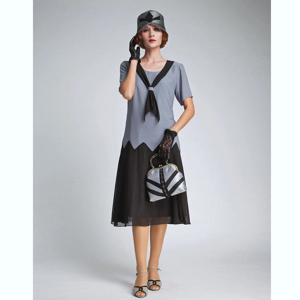 Robe reproduction 1920 en gris et noir avec une couture en zigzag, robe de jour Gatsby, robe de fête 1920, robe art déco noire et grise 1920