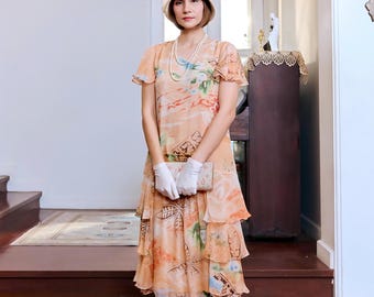 Orange floral print silk chiffon dress with tiered skirt, flutter sleeves, 1920s tea dress, 20s daywear, Great Gatsby silk summer dress