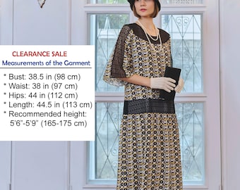 Liquidación - Vestido art déco de gasa y encaje de los años 20 en negro, amarillo y blanco, con mangas hasta el codo.