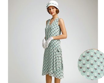 1920s day dress in green deco print with drape and bow, 1920s fashion, Great Gatsby summer dress, Downton Abbey dress, green high tea dress