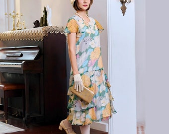 Multicolored floral silk chiffon dress, tiered skirt,  flutter sleeves, 1920s garden party dress, Gatsby day dress, Downton Abbey tea dress