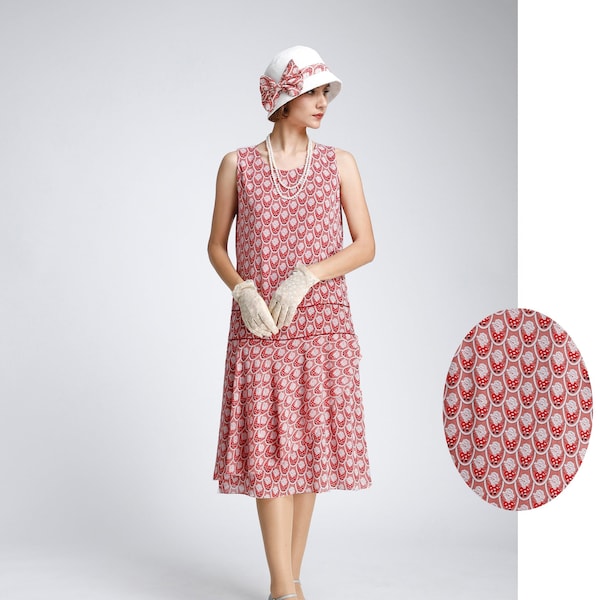 Red chiffon flapper day dress with deco print and a ruffled skirt detail, Great Gatsby day dress, 1920s flapper dress, summer high tea dress